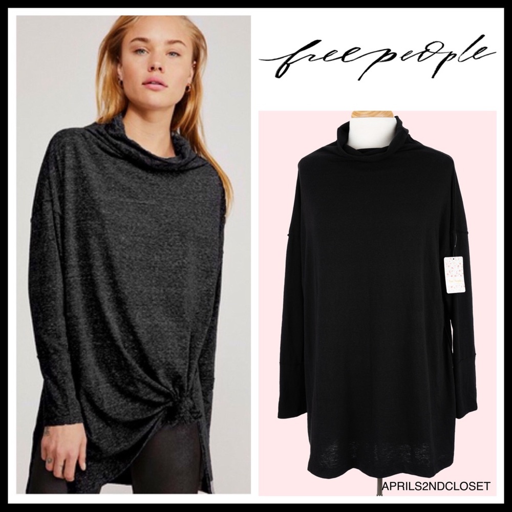FREE PEOPLE BOHO BLACK FLOWY TUNIC TEE TOP A2C - Picture 2 of 14